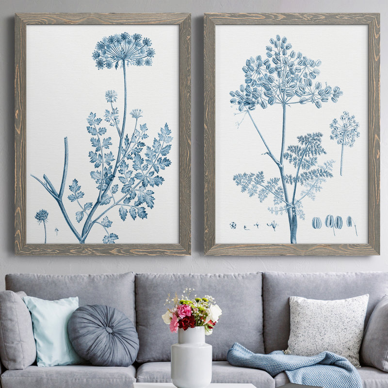 Antique Botanical In Blue V - ensemble de 2 peintures sur toile encadrées, Toile avec cadre gris