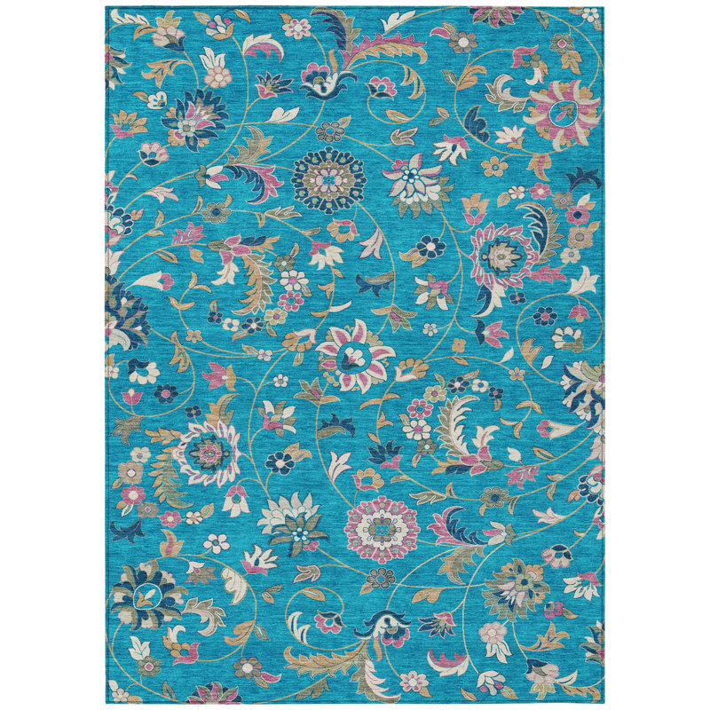 Tapis extérieur lavable floral bleu sarcelle ivoire et rose 5 pi x 8 pi