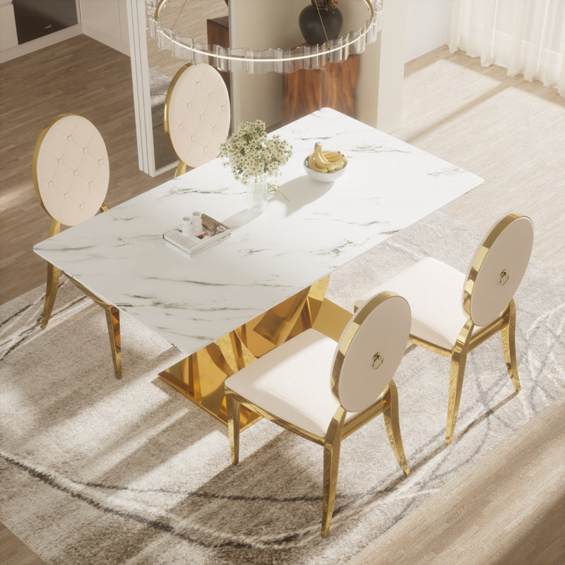 Ensemble de table de salle à manger rectangulaire en verre trempé avec fauteuil Luxtry, Beige