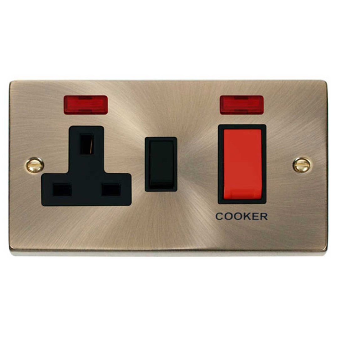 Antique Brass Cooker Socket 45A With 13A Switched Plug Socket & 2 Neons