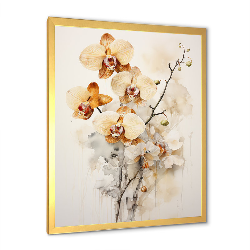 Orchidée beige et or qui fleurit, Cadre doré simple, H 32 po x l 16 po x P 1 po