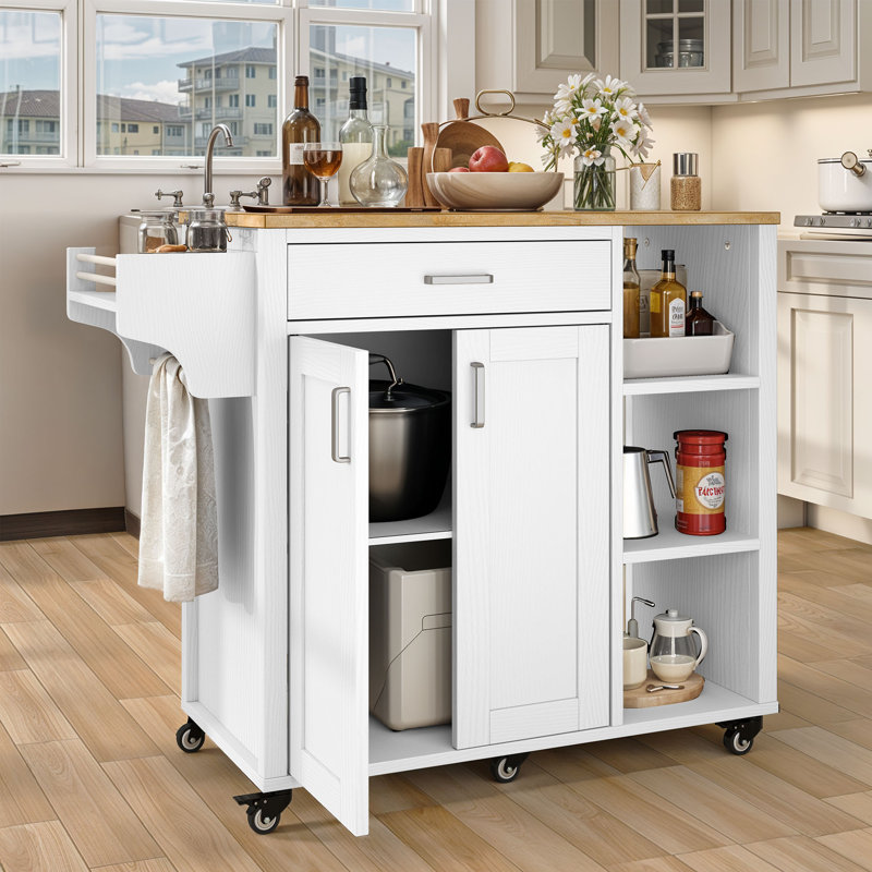 Araf Kitchen Island Cart with Storage, Kitchen Storage Cart with Shelves & Spice Rack, Black