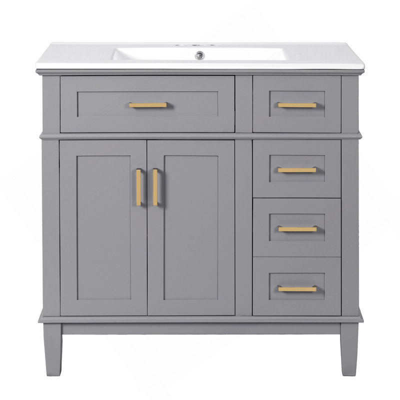 36" Gray Modern Bathroom Vanity With Ceramic Sink, Soft Close Doors, 4 Drawers For Storage, Elegant Design For Small Bathrooms