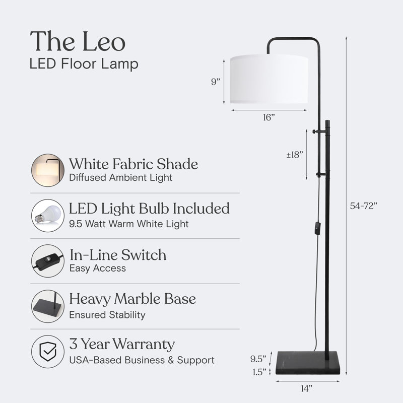 Leo 72 in. Modern Height-Adjustable LED Floor Lamp with Black Marble Base