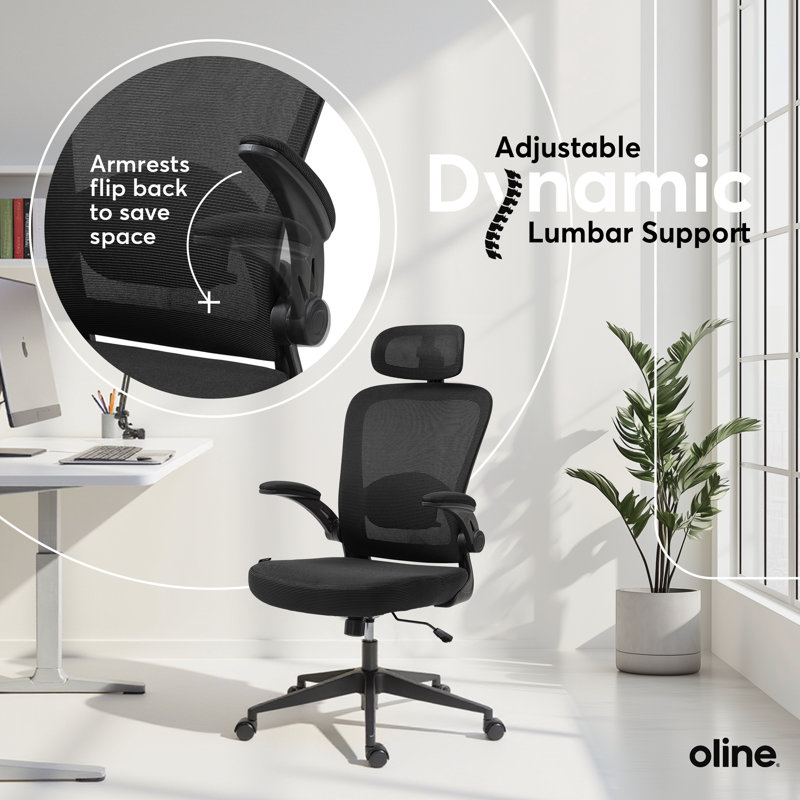 Oline ErgoAir Ergonomic Office Chair – Adjustable Lumbar Support, Flip-Up Armrests, Mesh Computer Desk Chair, Swivel Rolling Executive Gaming Chair for Home & Office