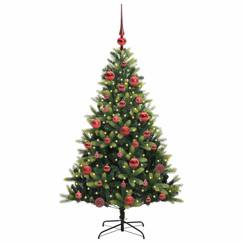 Artificial Hinged Christmas Tree 150 LEDs Green, 4.92' H, Red