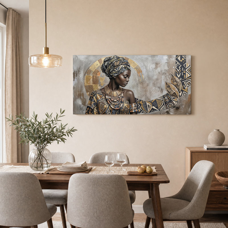 Femme avec motifs géométriques et feuille d'or Halo, art mural sur toile, L 32 po x H 16 po