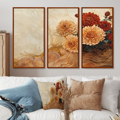Fleurs d'automne de chrysanthèmes sur un plateau en bois diapositive IV - Art mural de chrysanthèmes - 3 pièces