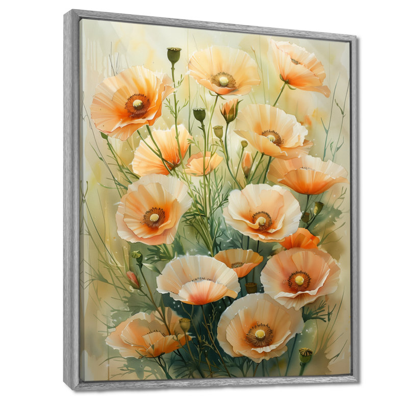 «Yellow Poppies Whispers Of Love III», impression d'art mural coquelicots, Encadrement argenté, H 32 po x l 24 po x P 1 po