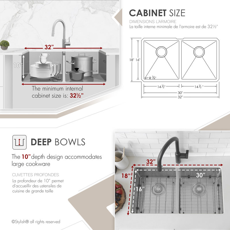 Styluxe Stylish Zircon Undermount 32" Double-Bowl Stainless Steel Kitchen Sink, 18-Gauge