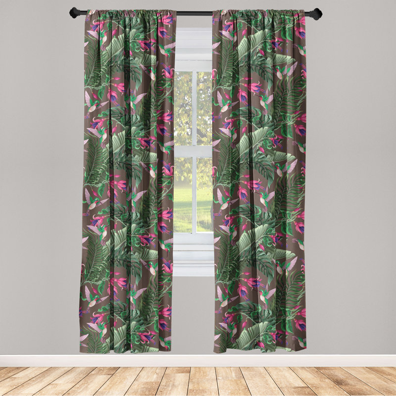 Tropical Floral Navy Blue and Olive Green Sheer Curtain Panels