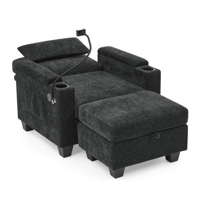 Black Manual Recliner Single Sofa with Adjustable Backrest, Armrest USB Port, Phone Holder, Hidden Arm Storage and Matching Storage Ottoman