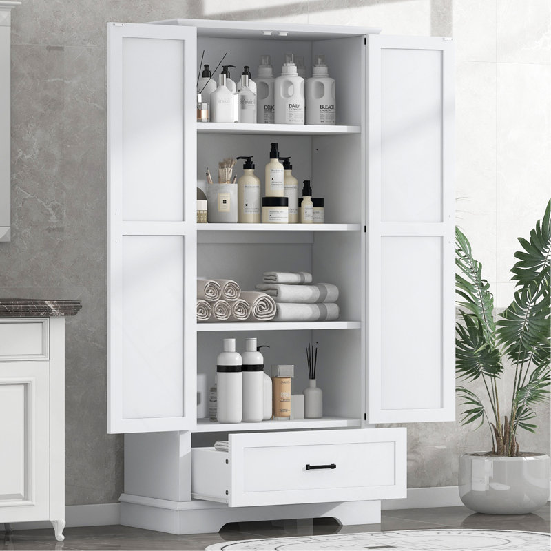 Grande armoire de rangement pour salle de bain, armoire avec deux portes et un tiroir, tablette réglable, panneau de fibres à densité moyenne, blanc