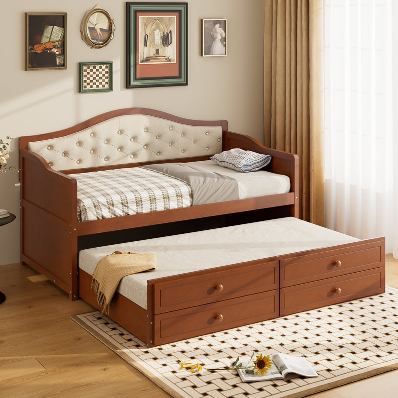 Upholstered Daybed With Trundle And Tufted Backrest, Walnut