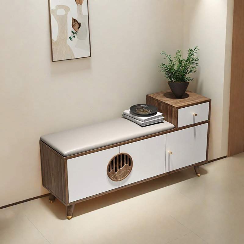 55.1in Multi-functional Shoe Storage Bench, White/Light Walnut