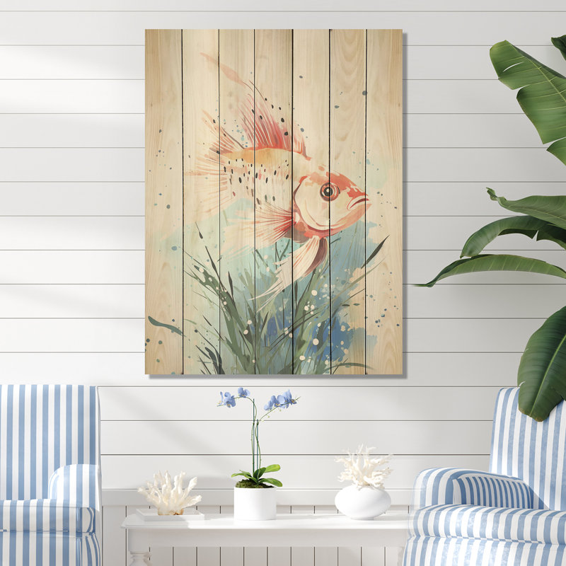 Papillon rose sous l'eau - Impression sur bois, H 32 po x l 24 po