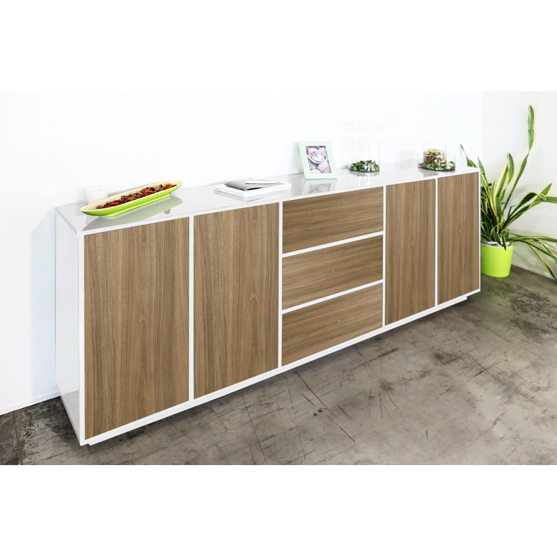Emina 220cm Sideboard, White Glossy/Walnut
