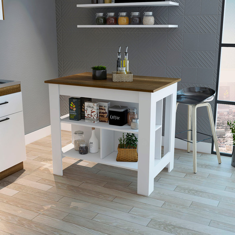 Kitchen Island, Four Legs, Three Shelves, White/Brown