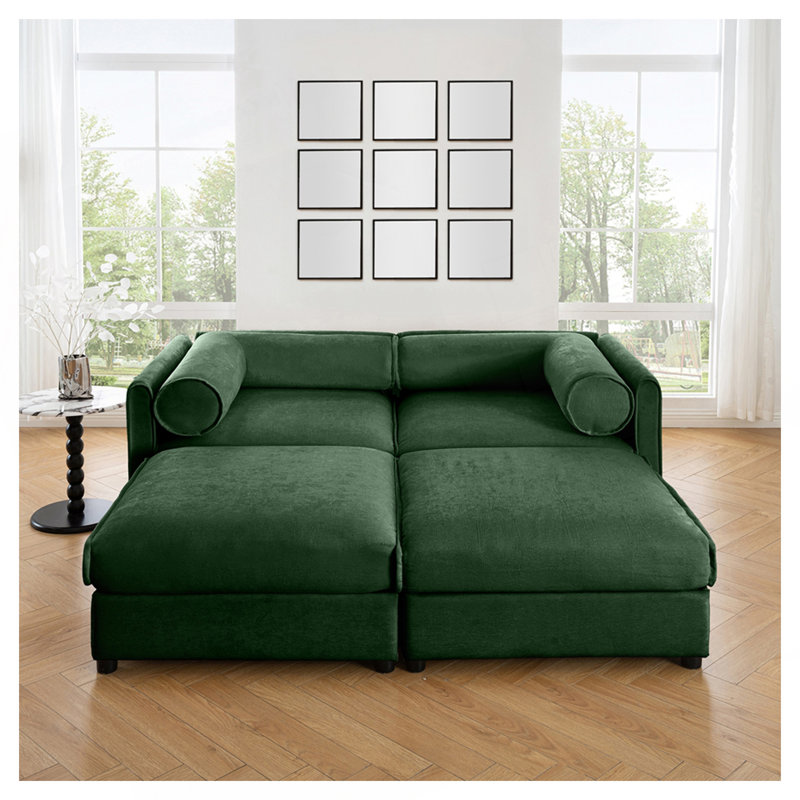 Élégant canapé en chenille 2 places avec 2 sièges de rangement pour repose-pieds, dossier cylindrique et accoudoirs, causeuse moderne en tissu avec espace de rangement caché