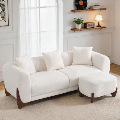  87" Upholstered Sherpa Boucle Sofa With Ottoman - Modern Couch Set with Solid Wood Legs