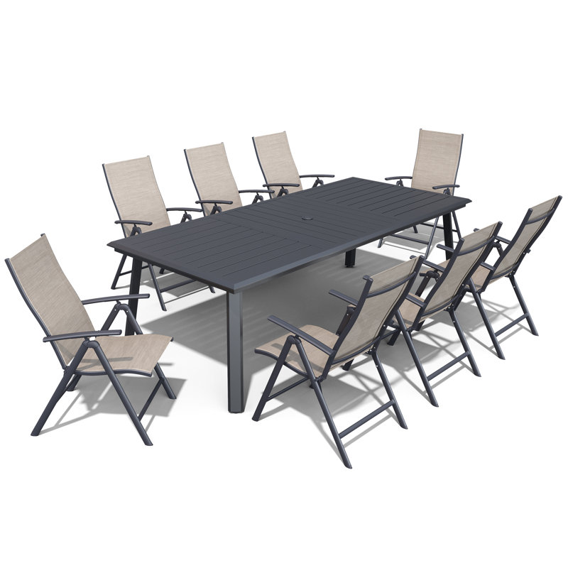 Mcnett 8 - Person Outdoor Dining Set with Adjustable Folding Chairs and Umbrella Hole, Black/Beige