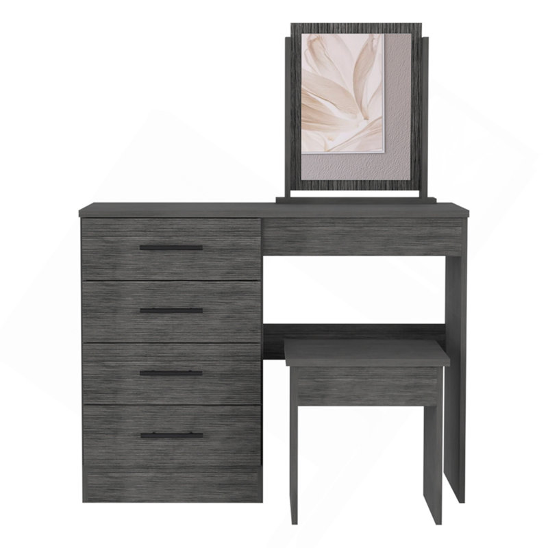 Coiffeuse Kaia, quatre tiroirs, un miroir et un tabouret - chêne Smokey