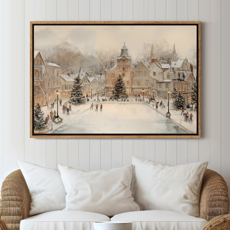Art mural encadré sur toile - Village d'hiver avec scène de patinage sur glace - 16 po x 24 po, 24 po x 36 po, Naturel
