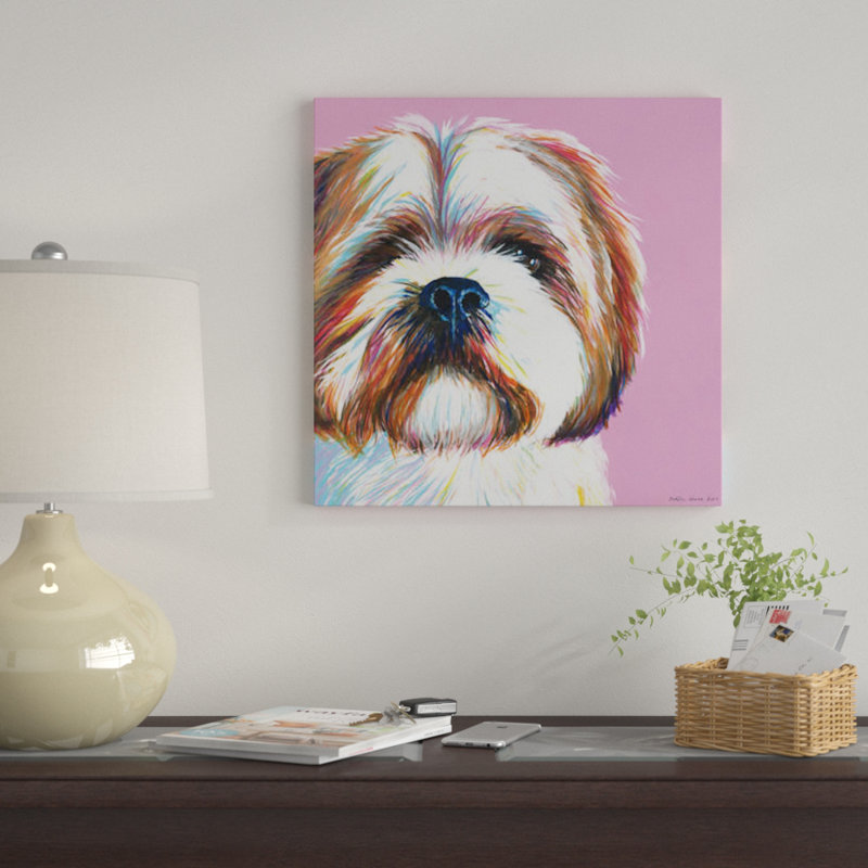 «Shih Tzu On Pink, Square» par Kirstin Wood, impression sur toile, H 26 po x l 26 po x P 1,5 po, Toile tendue, Pas de tapis