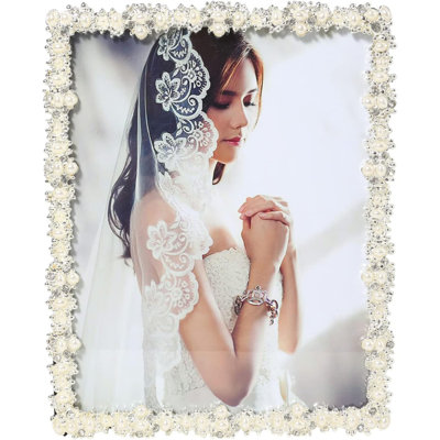 8x10 Picture Frame with Pearl for Wedding, Silver Plated Photo Frames with High Definition Glass Frames