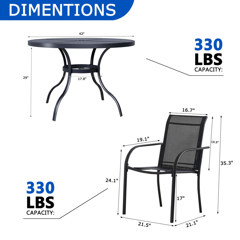 Ensemble de salle à manger 5 pièces pour l'extérieur, table ronde en maille avec 4 chaises noires, table de patio noire avec trou de parasol pour jardin, cour, patio