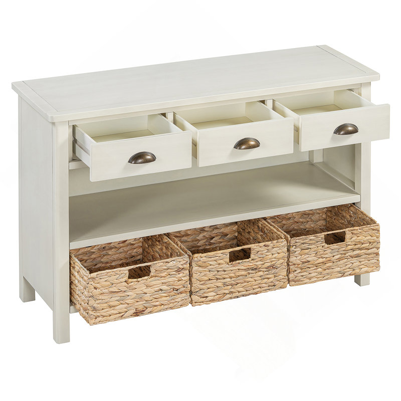 Console rétro avec tiroirs, paniers tissés jacinthe d'eau, Blanc antique
