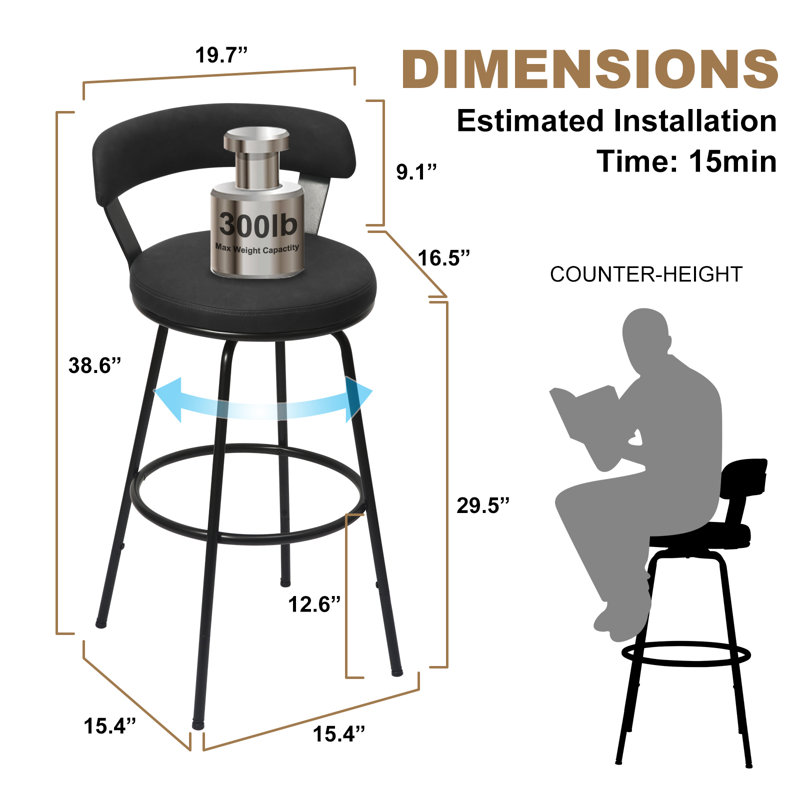 Tabouret de bar et de comptoir pivotant à dossier bas Kipton, Tabouret de bar (siège d’une hauteur de 30 po), Gris