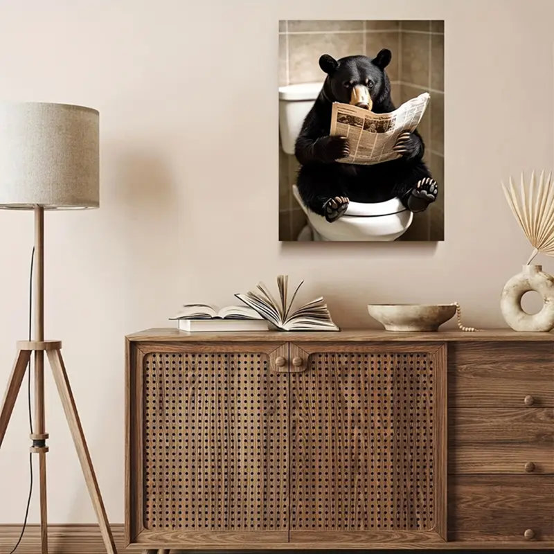 90*60 Black Bear On Toilet Reading Newspaper Wall Art - 12X18" Canvas With Wooden Frame, For Living Room, Bathroom, Bedroom, Or Kitchen Decor, For Room Decor-Wrapped Canvas