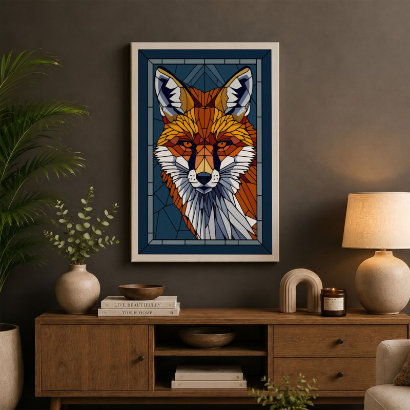 Geometric Fox Icon Art Deco - Wrapped Canvas, 24x16 - 61.0 x 40.6 cm, Cream Border