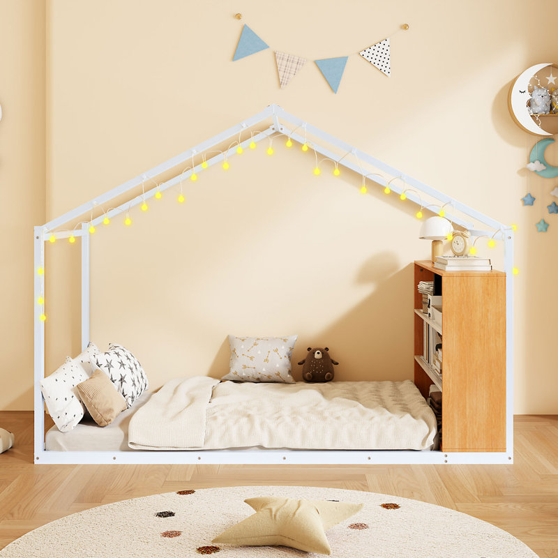 Floor Lighted House Bed With Shelves, White, Full/Double