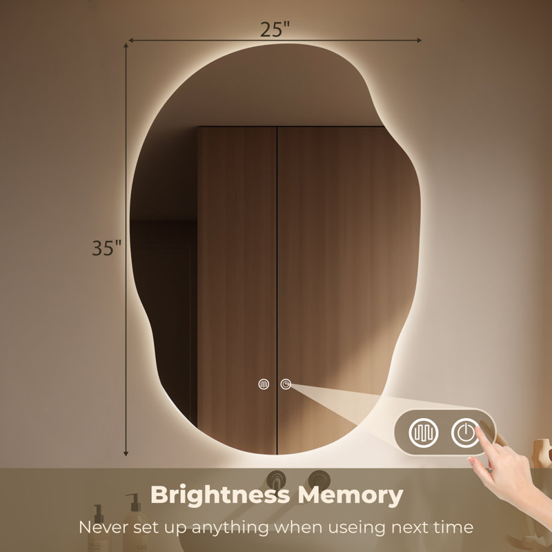 Asymmetrical LED Backlit Frameless Mirror with Anti-Fog, 3 Color Dimmable Light, 25"x35"
