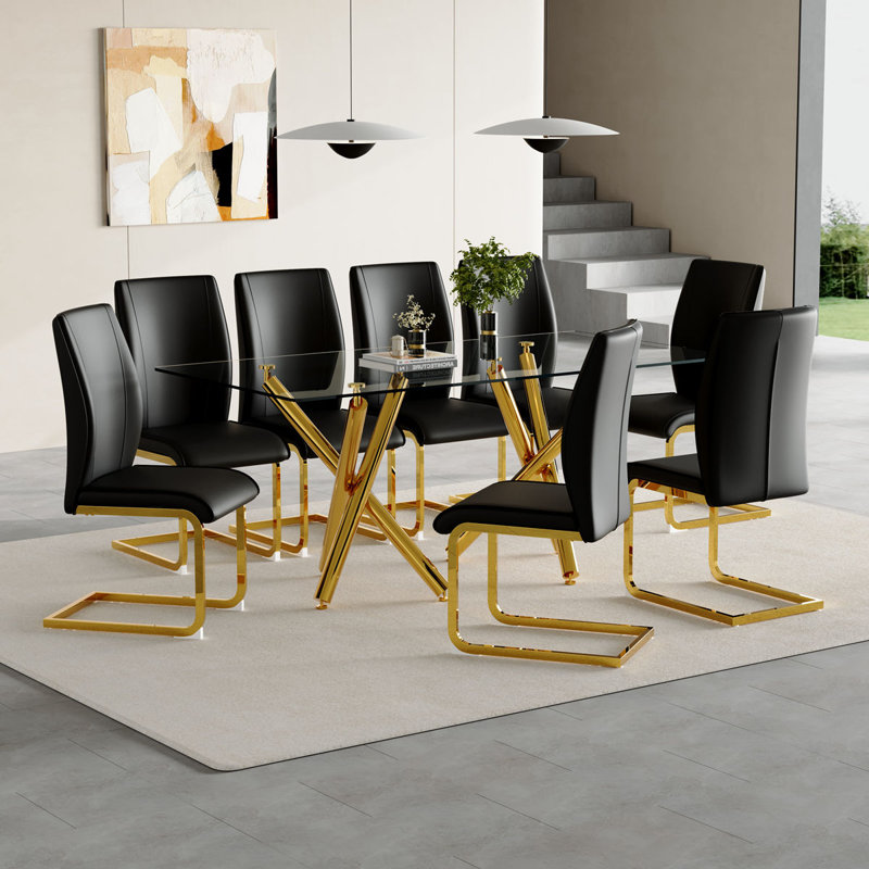 Ensemble de table de salle à manger 71 ", ensemble de table de salle à manger avec plateau en verre trempé et base en métal doré et chaises en similicuir