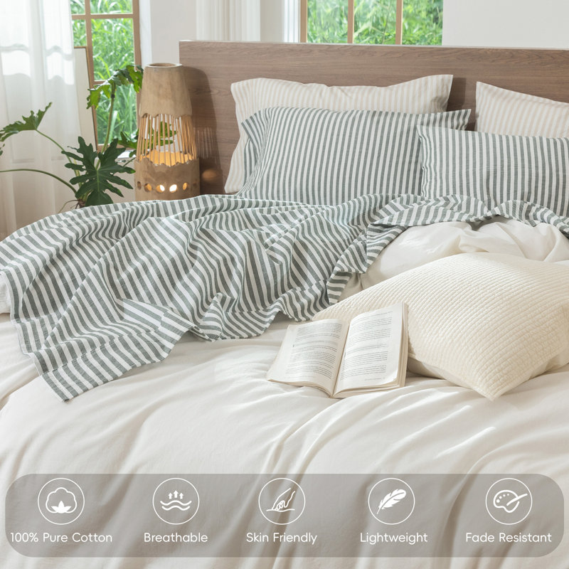 MooMee Striped Sheet Set 100% Washed Cotton Linen Like Textured Breathable Lightweight, King Sheet Set with 2 Pillowcases