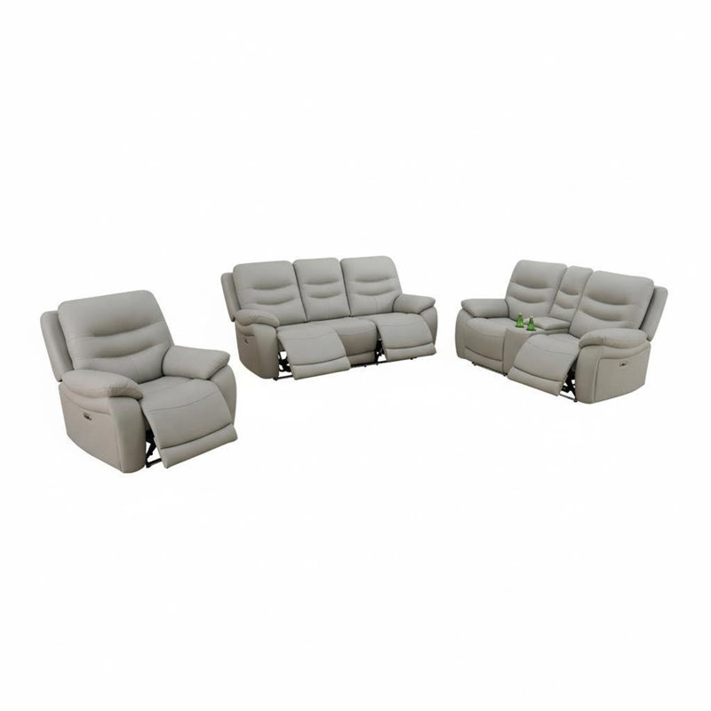 Ensemble de canapé inclinable électrique gris clair 3 pièces, similicuir respirant avec lumières DEL, charge USB, structure en bois massif pour le salon