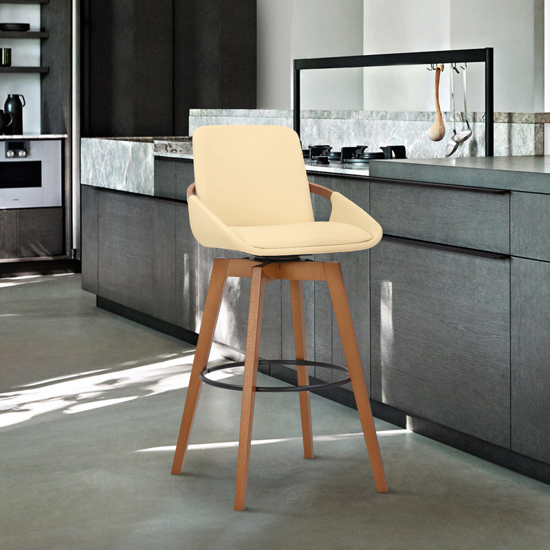 Luxurious Faux Leather And Swivel Bar Stool, Counter Stool (27” Seat Height), Cream Seat/Brown Frame