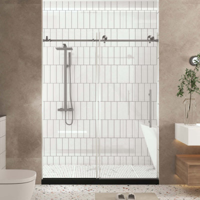 Porte de douche sans cadre, verre trempé transparent de 1/4 po (6 mm), film antidéflagrant, poignée en acier inoxydable