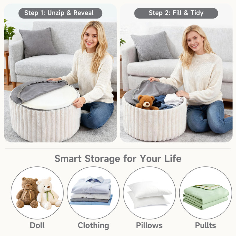 Upholstered Round Pouf Ottoman And Square Foot Rest, Striped Round Beige