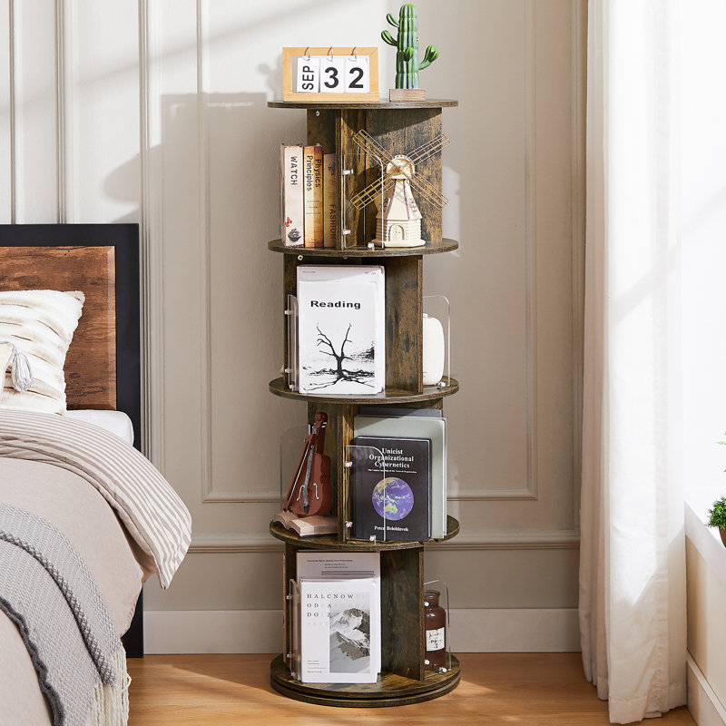 Jadeyn Rotating Bookshelf 4 Tier 360° Revolving Floor Standing Bookcase Corner Organizer Display, Brown