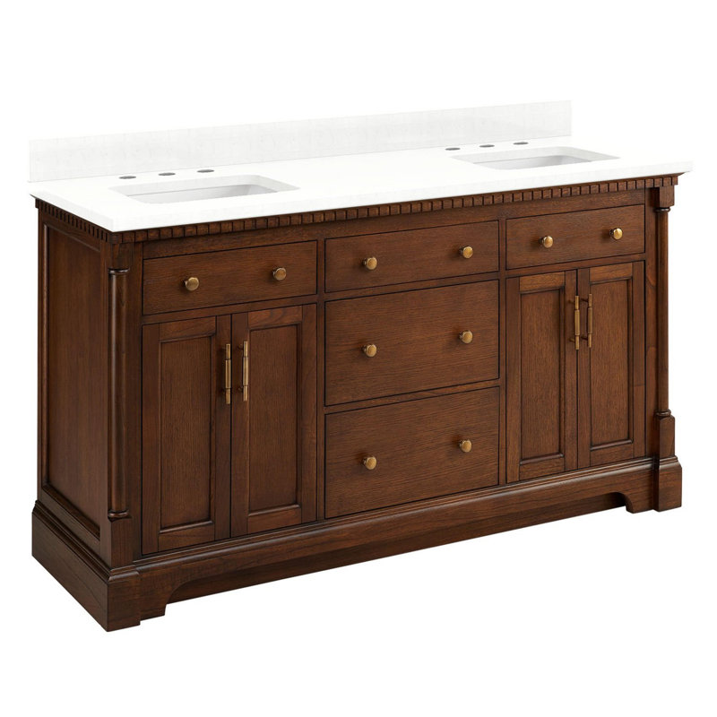 Claudia 60" Mahogany Double Basin Vanity Set with Cabinet, Vanity Top, Feathered White Quartz, Antique Coffee, 8" Widespread