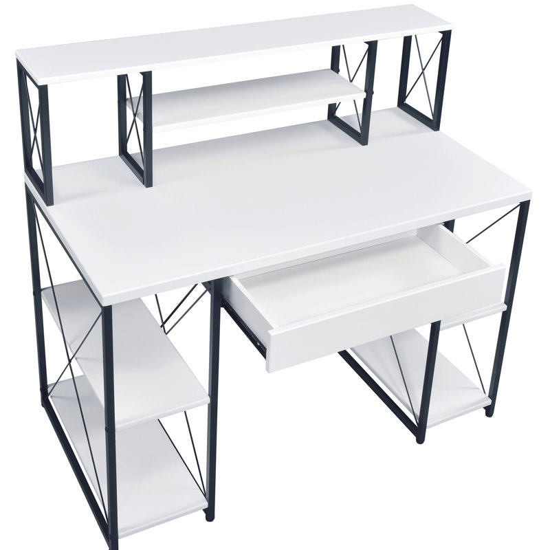 Bureau avec tablettes ouvertes et huche, Blanc