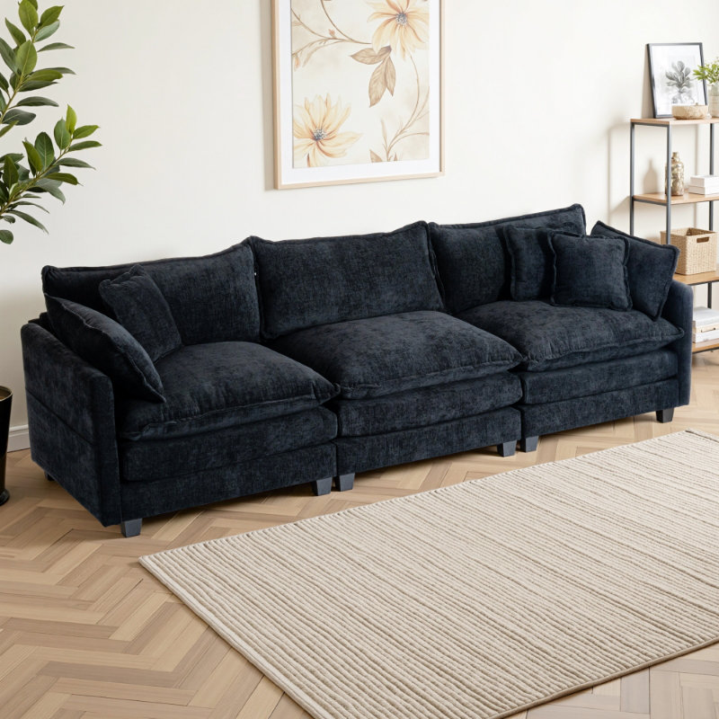 Modern Comfy 3-Seater Modular Sofa Couch - Chenille Modern Upholstered 4 Seater Corduroy Fabric Sofa With Arm And Throw Pillows