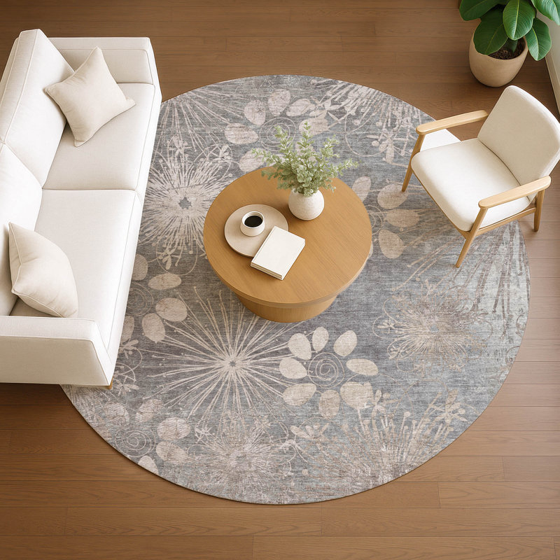 Machine Washable Indoor/Outdoor Kaczor ACN2225 Floral Rug, Rond 8 pi