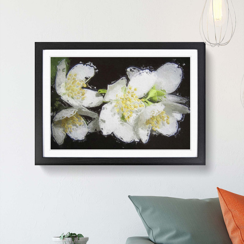 White Jasmine Flowers - Framed Print, 36cm H x 48cm W x 2cm D, Black Framed