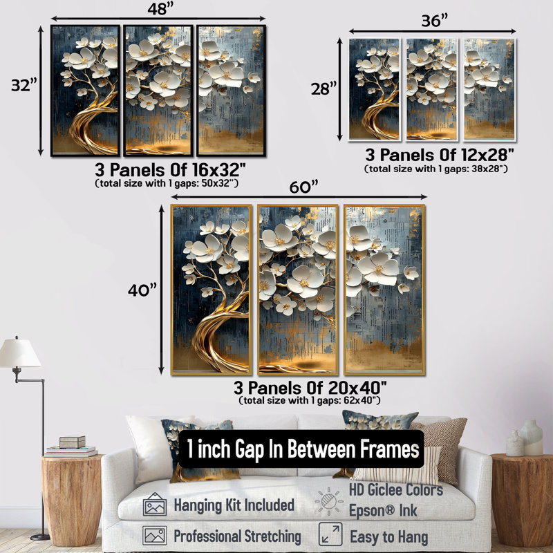 Cerisier blanc en fleurs - Ensemble d'art mural cerisier en fleurs, H 28 po x l 36 po x P 1 po