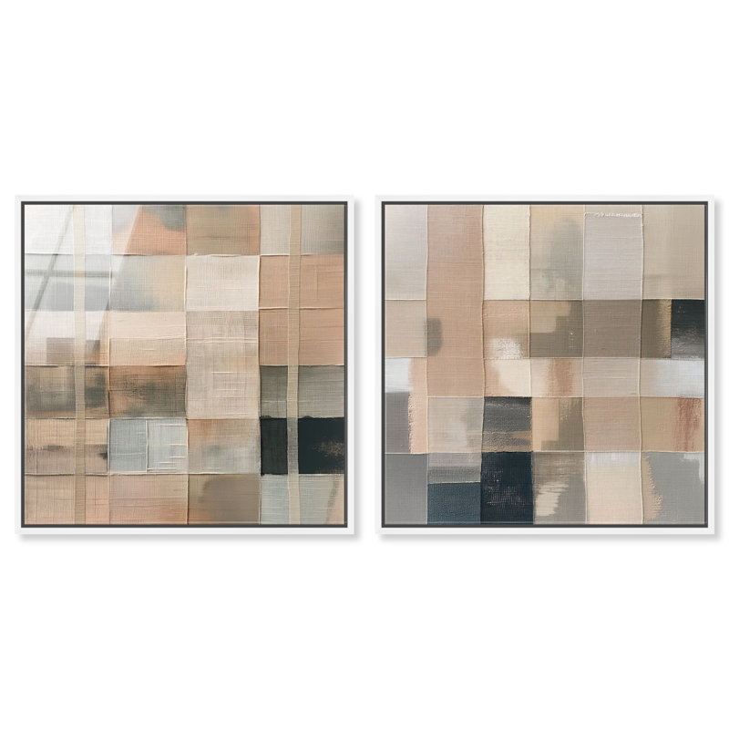 Boxed in Ebony and Faded Grids, 21"H x 21"W Set of 2, White Frame